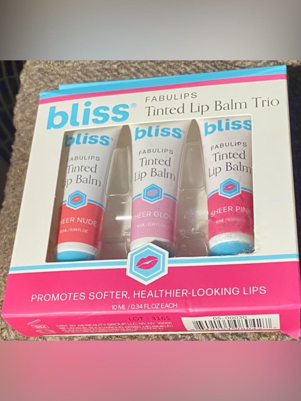 Bliss Fabulips Tinted Lip Balm Trio set; Sheer Pink, Sheer Glow, Sheer Nude